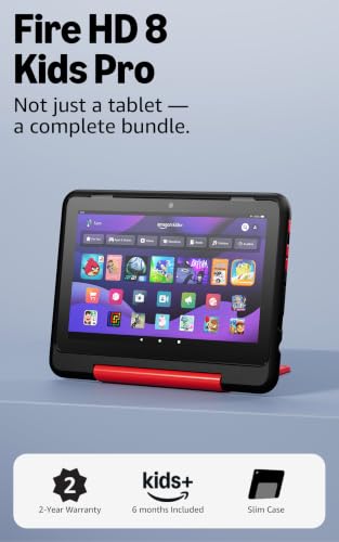 Image of Amazon Fire HD 8 Kids Pro tablet (newest model), ages 6-12. Bright 8 inch HD screen, includes ad-free content, parental controls, 13-hr battery, slim case for older kids, 32GB, Marvel Avengers