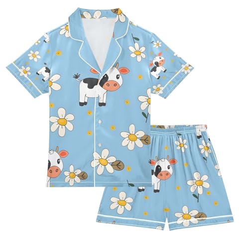 senya Cute Little Cow A Satin Summer Pajama Sets Silk Short Sleeve Button Down Sleepwear