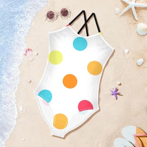 Girls One Piece Swimsuits Colorful Polka Dot Pattern Sport Halter Swimwear Beach Bathing Suit, 3T4