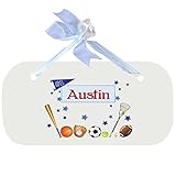 MyBambino Personalized all sports Nursery Door Hanger Room Sign Wall plaque with blue ribbon