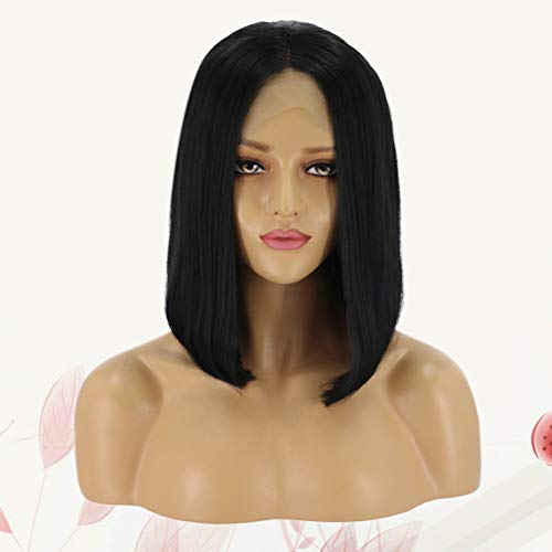 Lurrose Peruca feminina moda cabelo reto curto peruca preta até o ombro peruca headgear natural que