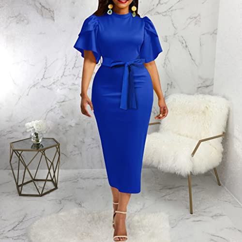 Lalalin Sexy Short Sleeve Bodycon Dress For Women Solid Color Slim Fit Prom Party Midi Dresses Belted Blue #TOP6