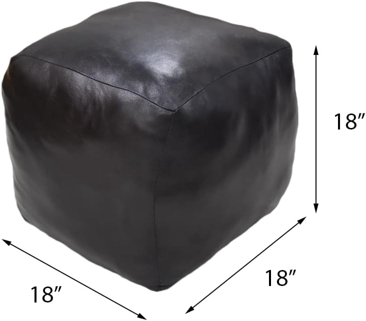 Rugsotic Carpets Square Shaped Goat Leather Handmade Eco-Friendly Black Pouf - 18" x 18" x 18", Plain Solid, Recycled Cotton Filled Stuffed Seating PF12