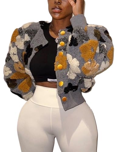 Flygo Women's Cropped Floral Print Bomber Jacket Warm Fleece Varsity Jacket Casual Button Down Puff Sleeve Coat Outerwear