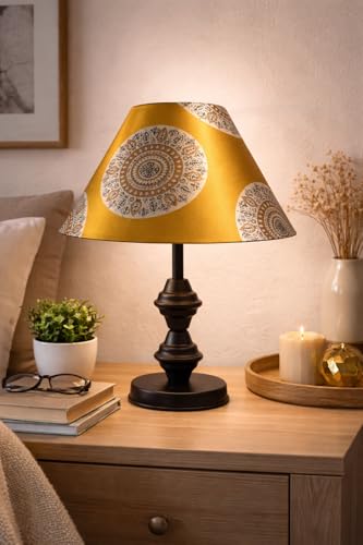 Image of tu casa Modern Table Lamp with Crimson Floral Satin Shade | Metal Iron Base Decorative lamp for Living Room| Home Decor, Designer Table Lamp for Gifting (Golden Mandala)