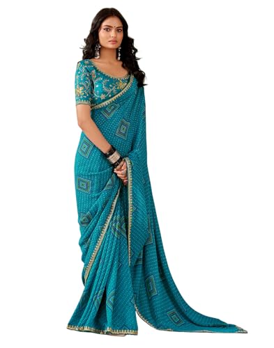 Image of SIRIL Women's Georgette Bandhani Printed, Embroidery Lace Saree With Unstitched Blouse Piece