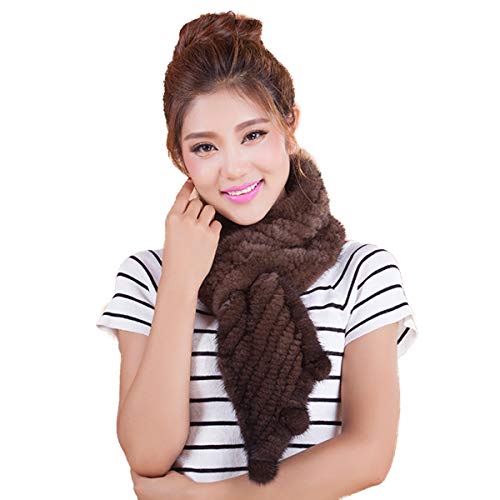 DTLDYG Femmes Écharpe en Tricot Véritable Fourrure de Vison Echarpes avec Petit Pompom Etole Hiver Chaud Mode 90x14cm
