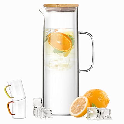 ZRRHOO Glass Pitcher with Bamboo Lid and Spout, 52oz/1500ml Clear Water Pitcher with 2 Cups, Handle and Brush, Heat Resistant Carafe for Iced Tea, Cold Brew, Juice, Sangria, Lemonade, and Moreâ€¦