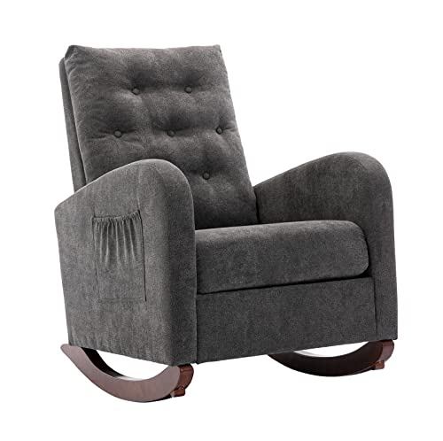 Image of Modern Accent Rocking Chair, Upholstered Nursery Glider Rocker for Baby and Kids, Comfy Armchair with Side Pocket, Living Room Lounge Arm Chair, High Backrest with Decorative Buttons, Dark Grey