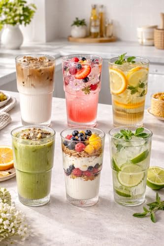 Image of PrimeWorld Ribbed Glass Tumblers - 6-Piece Set (350ml Each) | Thickened Highball Glasses for Iced Coffee, Smoothies, Cocktails & Juices | Elegant & Durable Drinkware for Home, Office & Travel