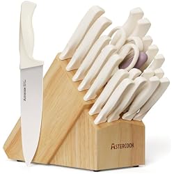 Knife Set, Astercook 22-Piece Kitchen Knife Set with Built-in Sharpener Block, High Carbon Stainless Steel Knives, Dishwasher Safe, Non-Slip Handle, Elegant Cream White Design, Perfect Holiday Gifts