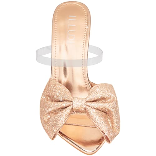 ILLUDE Women’s Chunky Block Heel with Bow Clear Pointed Toe Heeled Sandal Slip On Mule - Rosa4