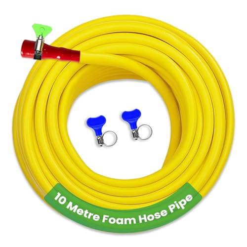 Image of Cinagro 10 Meter 0.5 Inch Garden Foam Hose Pipe, Made of PVC Powder Compound, Non-Toxic, Durable & Flexible, Comes with Tap Connector & 3 Clamp for Watering Garden, Cleaning, 32.80 Ft, Neon Yellow