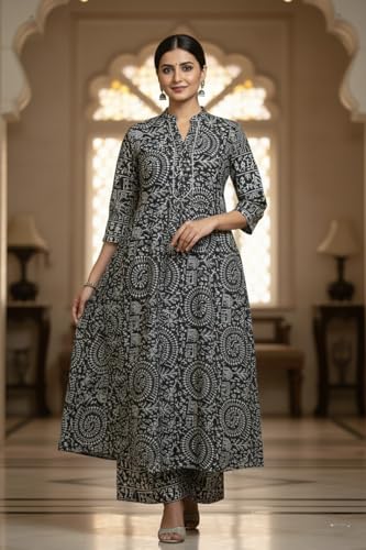 Image of ???? Women s Cotton A-Line Kurta Palazzo Set | Printed Ethnic Co-Ord Set for Office Wear & Festive Look | Comfortable Breathable Fabric Kurti Pant Set for Women, Regular Fit