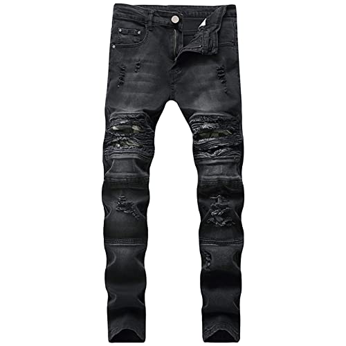 Jeans Biker Slim Homme avec Genoux Plissés et Effet Délavé Destroy