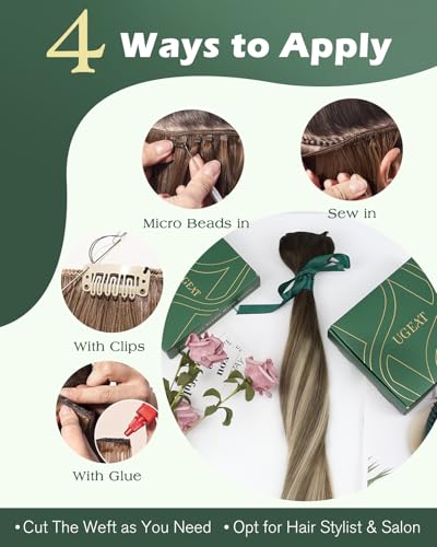 Image of Ugeat Weft Hair Extensions Human Hair, Real Hair Extensions Sew in 14 Inch 80g, Hair Weft Extensions, Chocolate Brown Balayage Medium Brown Mix Bleach Blonde