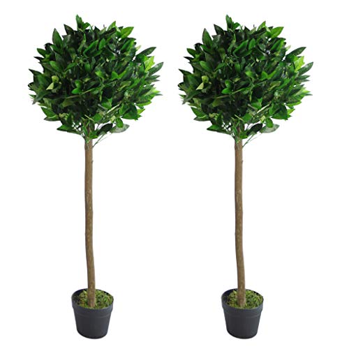 Image of Leaf Design UK Pair of Artificial Bay Topiary Ball Trees, Green, 120cm (4ft)