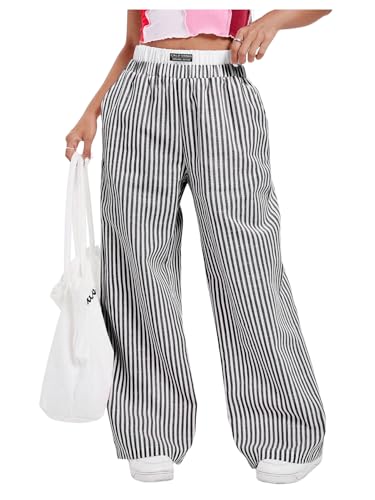 OYOANGLE Women's Colorblock Striped Print Pants Y2K High Elastic Waist Loose Wide Leg Pants with Pockets