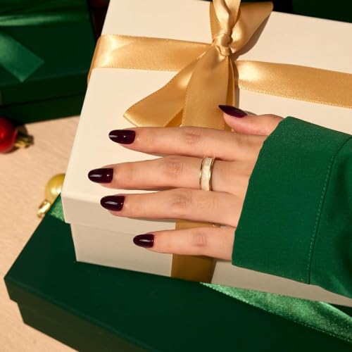 BTArtbox Press On Nails, Short Oval Dark Red Fake Nails, 32Pcs Full Kit