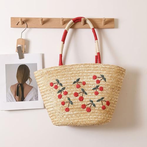 Women's Straw Shoulder Bag Large Rattan Woven Cherry Embroidered Summer Travel Beach Handbag Handmade Handle Purse2