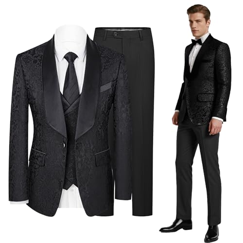 Mens Tuxedo 3 Pieces Slim Fit Suit Blazer Jacquard Shawl Lapel Vest Pants Wedding Prom Business Banquet Performance
