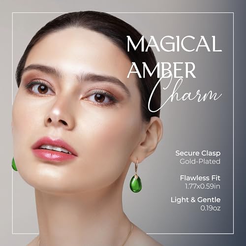 Green Earrings for Women - Lightweight Edgy Semi-Precious Stone Jewelry for Ladies, Gold Plated Silver Leaf Fitting and Leverback Closure, Caribbean Green Amber Dangle Women's Earrings2