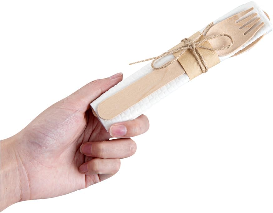 Restaurantware Wood Cutlery Set with Napkin - Tied with Twine - Great For Parties or Catering - Utensil Set - Wooden Fork Knife Spoon and Napkin - 100 ct Box