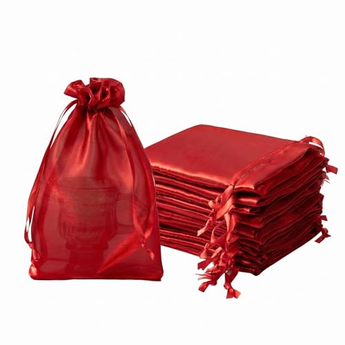 Image of QIANF 20 Pcs Red Organza Bags 6X9 inch for Wedding Favors with Drawstring, Semi-sheer Glossy Mesh Gift Bags Jewelry Pouch for Candy Bridal Shower Party Favor Baby Shower Christmas
