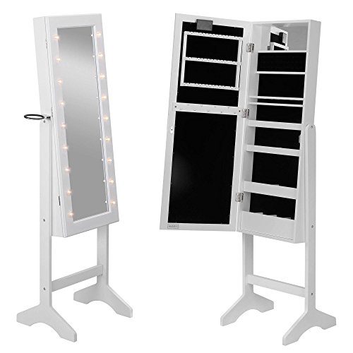 Beautify Mirrored Jewelry Armoire with LED Lights - Floor Standing Organizer Cabinet with Internal & External Mirror - White