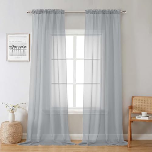 Lecloud Light Grey Sheer Curtains 96 Inches Long 2 Panels, Light Filtering Voile Airy Curtains, Elegant Transparent Solid Window Treatments with Rod Pocket for Living Room Bedroom, Each 42" W x 96" L