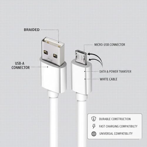 Image of USB to V8 Braided Charging Cable 1 Meter | PVC Design, Fast Charge & Data Transfer | Compatible with Micro USB Phones, Power Banks, Bluetooth Speakers - White
