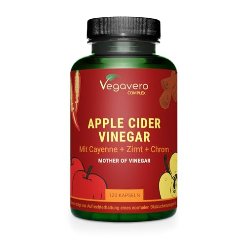Vinagre de Sidra de Manzana | 1500 mg Dosis Diaria | Pimienta de Cayena + Jengibre + Cromo | Apple Cider Vinegar with Mother | Suplemento Dietético | 120 Cápsulas | Vegano | Vegavero®