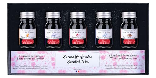 Jacques Herbin 18700T - A set of 5 bottles of 10 ml scented ink for fountain pens and rollerball pens, assorted colours and fragrances. Made in France.