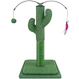 YUNIQUE 23.6" Cat Scratching Post, Cactus Cat Scratcher with Natural Sisal Rope for Indoor Cats, Claw Scratcher Green Cat Tree with Dangling Balls and Feather for Small Cats Kittens