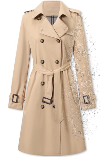 Betusline Women's Double Breasted Waterproof Trench Coat Classic Lapel Overcoat with Belt