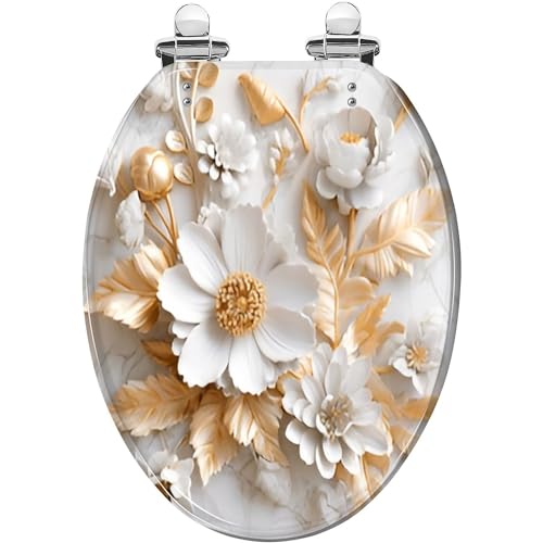 Elongated Toilet Seat Beautiful white gold 3d flowers white marble Resin Toilet Seat Slow Quiet Close with Quick-Release Hinges Toilet Seat with Cover Easy to Clean Install