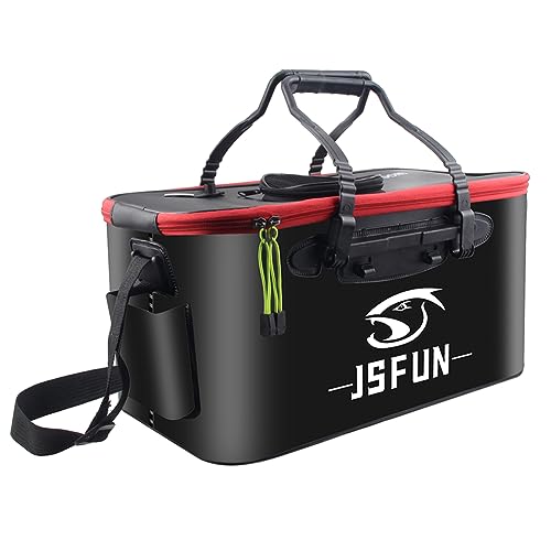 HTU Carrying Handles Collapsible Live Fish Container with Side Pockets and Zipper Fish Protection Bucket Breathable Net Top Cover Fishing Bucket for Travel Camping