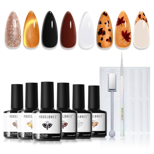 Image of modelones Fall Gel Nail Polish Set, Amber French Tip Leopard-Print Theme | 6 Colors Blooming Brown Jelly Nude Maroon Black Gold Glitter Cat Eye Gel Polish, with Magnet & Liner Pen & French Stickers