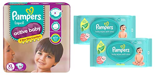 Image of Pampers Active Baby Taped Diapers, Extra Large size diapers, (XL) 56 count, taped style custom fit & Baby Gentle Wet Wipes with Aloe Vera 144 Wipes