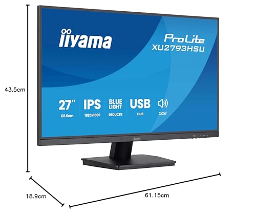 iiyama Ecran Prolite XU2793HSU-B7, Ultra Mince, Dalle IPS, 1920x1080@100Hz, 1ms, 300cd/m², 1000:1, 1xHDMI, 1xDisplayPort, USB HUB (2x2.0), Haut-parleurs, VESA 100x100, i-Style Colour, TCO