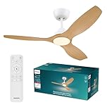 Philips Olas Ceiling Fan with LED Light, 3 Blades, 132 cm Diameter, 2650 Lumens, Tunable White Light from 3000 K to 6500 K, Dimmable to 5%, Remote Control Included, White/Wood