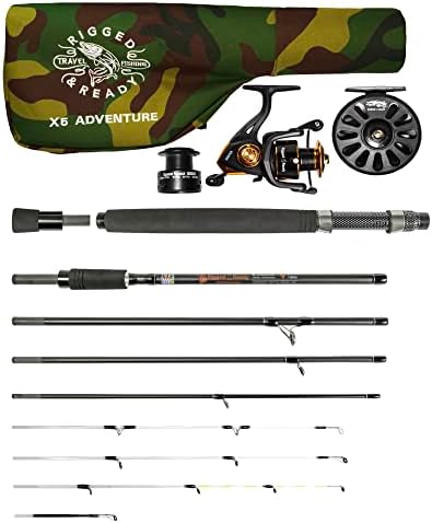 X5 Travel Fishing Combination. Super Compact Travel Rod, 1 Spin + 1 Fly Reel + case. 1 Rod 5 Fishing Options. 2.2m (7’ 2”) + 1.9m (6'3") Lengths. Multi-Function Spin, baitcast, Fly Fishing