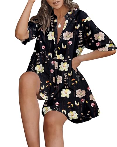 Image of PYGFEMR Women's Short Sleeve Babydoll Dress Button Down Dresses with Pockets