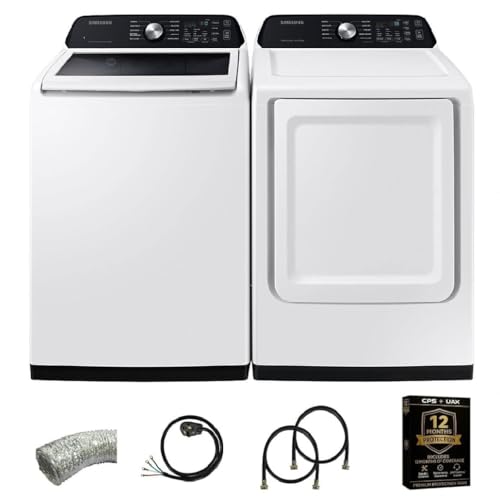Samsung White Top Load High-Efficiency Smart Washer/Dryer Pair 4.7 Cu Ft Washer 7.4 Cu Ft Electric Dryer with Vent Power Cable 2 Water Hoses and 12 Month CPS Protection Plan
