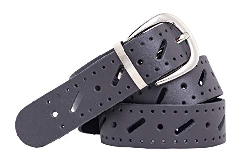 Shenky - Precioso cinturón de cuero - Perforado y troquelado - 3 cm de ancho - Gris - Cintura de 80 cm Cover