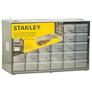 STANLEY 1-93-980 30-Compartment Heavy-Duty Portable Plastic Stackable Storage Box for Easy & Convenient Storage, 1 Year Warranty, YELLOW & BLACK