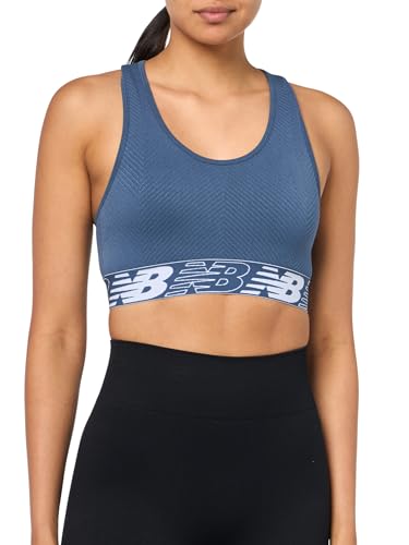 Image of New Balance Womens Seamless Wirefree, Racerback Sports Bra with Removable Pads, Bottom Band with Logo, Vintage Indigo, Medium