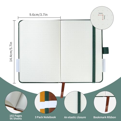 HOMEMARS Caderno pequeno, pacote com 3, caderno A6, pontilhado, couro de 9,4 cm x 14 cm, marrom, ver