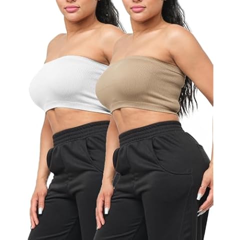 Urban Look Womens Ribbed Seamless Bandeau Tube Top Non-Padded (2 Pack M/L, White/Coco) Cover