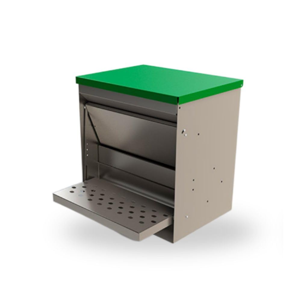 Tolva Jerry 18 litros sin Visera para Aves de Granja, Comedero con Tapa Verde, Estructura Metálica con Bandeja Perforada Ajustable